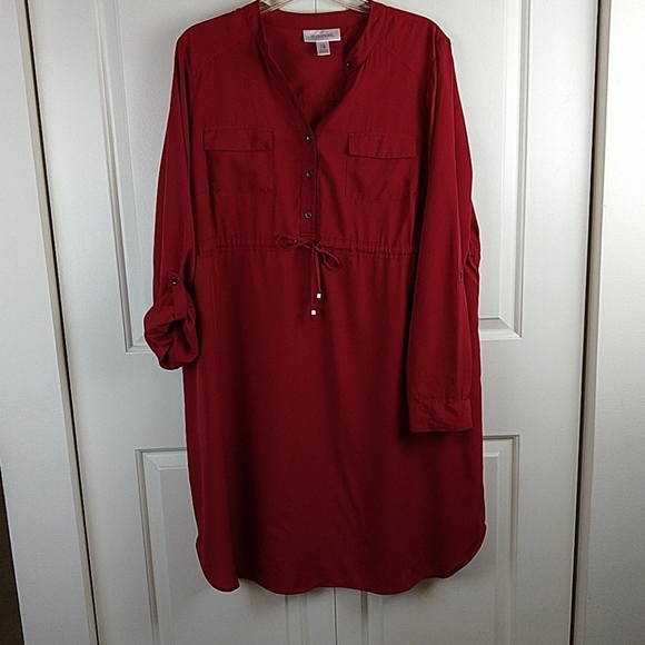 Red LS Drawstring Shirttail Adj. Sleeve Dress - Picture 10 of 12